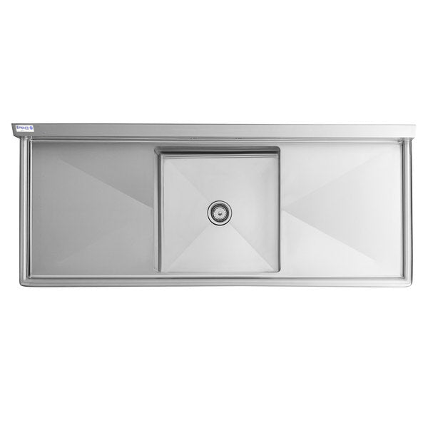 A rectangular, NSF stainless steel sink with a single deep basin in the center, flat surrounding edges, and a circular drain. This commercial sink features a modern, minimalist design with sharp lines and smooth surfaces.