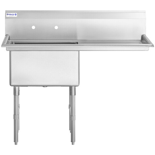 A 16 gauge stainless steel commercial sink featuring a deep rectangular basin on the left and a spacious right drainboard. The sturdy legs and high backsplash with two faucet mounting holes complete its clean, polished look.