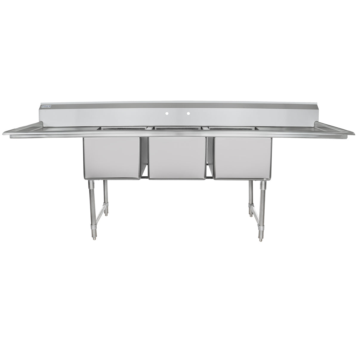 A commercial sink with three compartments and dual drainboards, this stainless steel sink is ideal for industrial or restaurant settings, offering ample space for washing, rinsing, and sanitizing dishes. Four sturdy legs and a high backsplash ensure durability and cleanliness.