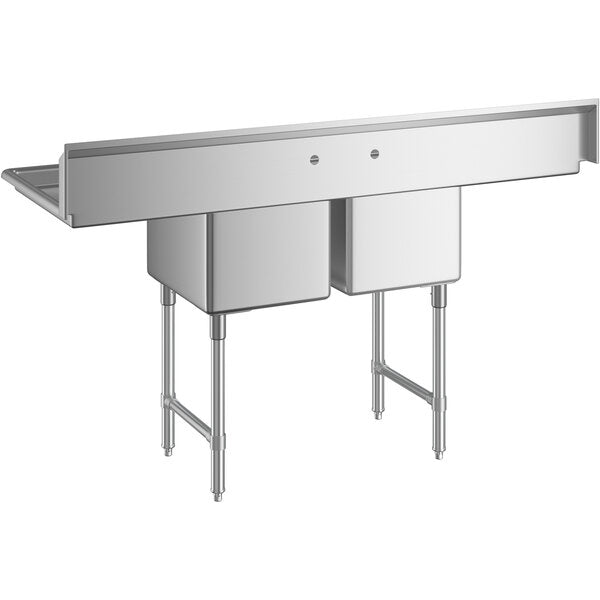 This NSF sink is a stainless steel 2 compartment sink with deep rectangular basins, a tall backsplash, and four sturdy legs. It includes an extended draining surface on the left and two faucet holes for practical, clean utility.