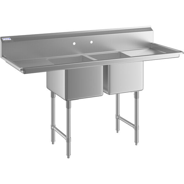 A durable stainless steel sink, this NSF sink features two deep rectangular basins, a high backsplash, four sturdy legs, pre-drilled faucet holes, and side drainboards—ideal as a 2 compartment sink for heavy-duty kitchen use.