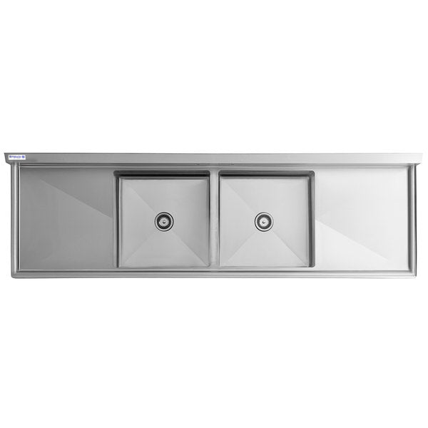 A modern, minimalist stainless steel sink with two square basins, each with a central drain. This NSF sink features clean, sharp edges and an integrated draining board area on the right for a sleek and functional kitchen workspace.