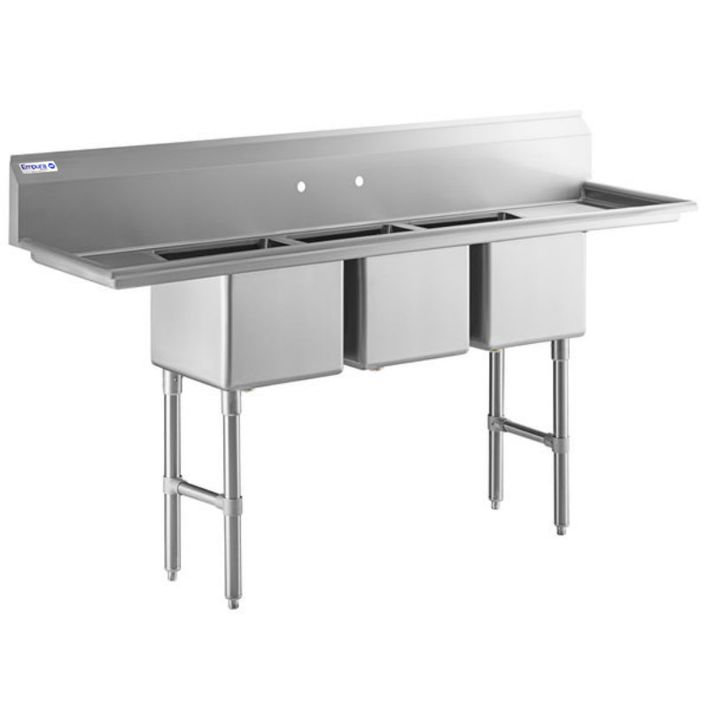 A commercial NSF certified stainless steel sink with backsplash, three deep rectangular basins, and four sturdy metal legs. This 3 compartment sink is ideal for industrial or restaurant use, featuring pre-drilled holes for faucet installation in the backsplash.