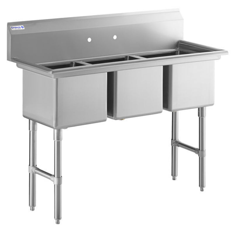A 3 compartment stainless steel sink with deep rectangular basins, four sturdy metal legs, and a backsplash with two pre-drilled faucet holes. This commercial kitchen sink features a sleek, industrial design for heavy-duty washing tasks.