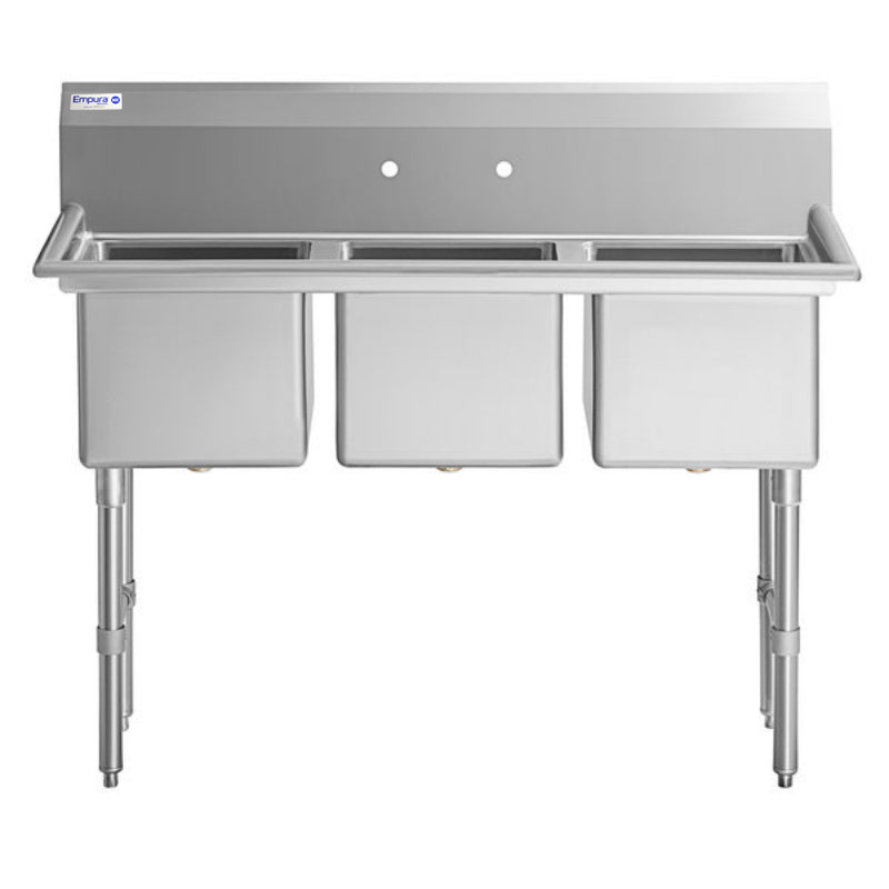 A commercial kitchen 3 compartment sink with backsplash and two faucet holes. This stainless steel sink stands on four sturdy legs, with deep rectangular compartments ideal for heavy-duty washing in kitchens or food service areas.