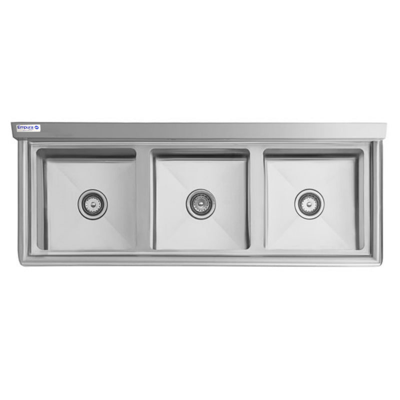 A stainless steel 3 compartment sink with three equally sized square basins, each featuring a centered drain. This commercial kitchen sink has a smooth, polished finish and a flat rim surrounding the basins for a sleek appearance.