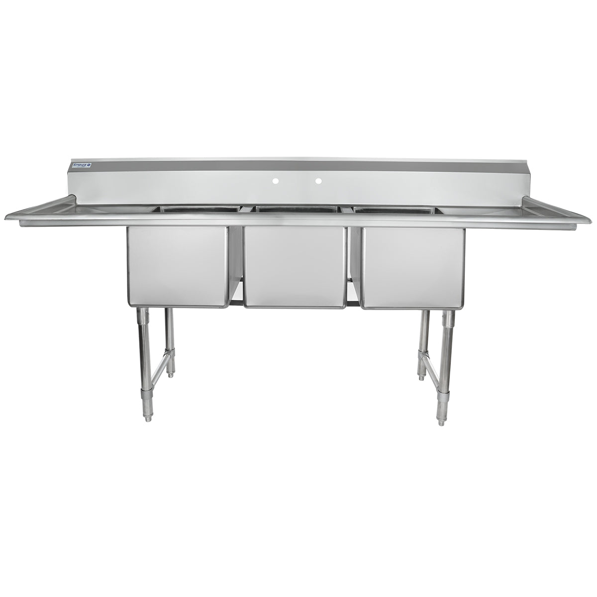 A large commercial 3 compartment stainless steel sink with deep rectangular basins, a tall backsplash, and drainboards on both sides. This NSF sink stands on tubular legs with adjustable feet, perfect for heavy-duty kitchen use.
