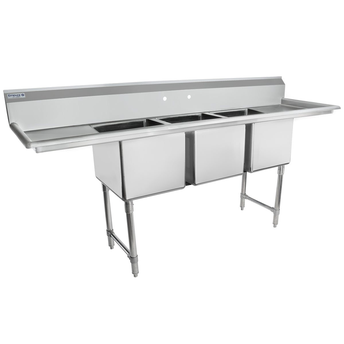 A commercial NSF sink with three deep rectangular basins, a raised backsplash, and sturdy metal legs. This 3 compartment sink features extended drainboards on each end and is ideal for heavy-duty use in restaurant or industrial kitchens.