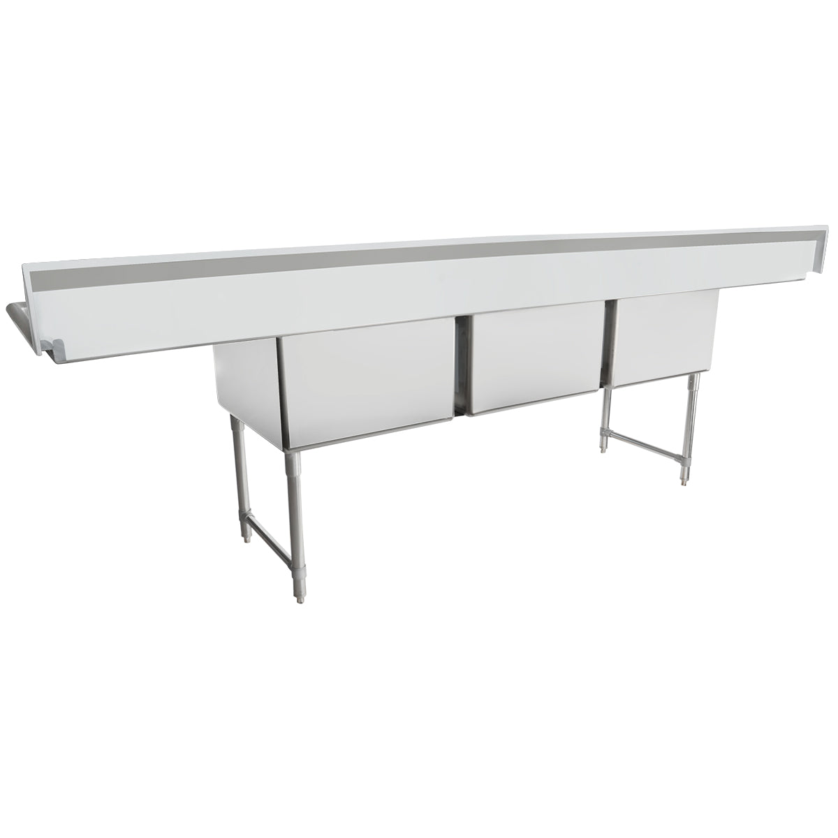 A long, rectangular NSF stainless steel sink with two deep basins, raised backsplash, undershelf storage, and four sturdy legs. Perfect for industrial kitchens or food service environments.