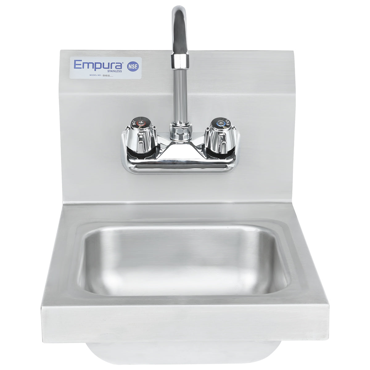 A wall mounted stainless steel hand sink with a rectangular basin, a tall central faucet, and separate hot and cold water handles. The sink is labeled “Empura NSF” on a sticker at the top left of the backsplash.