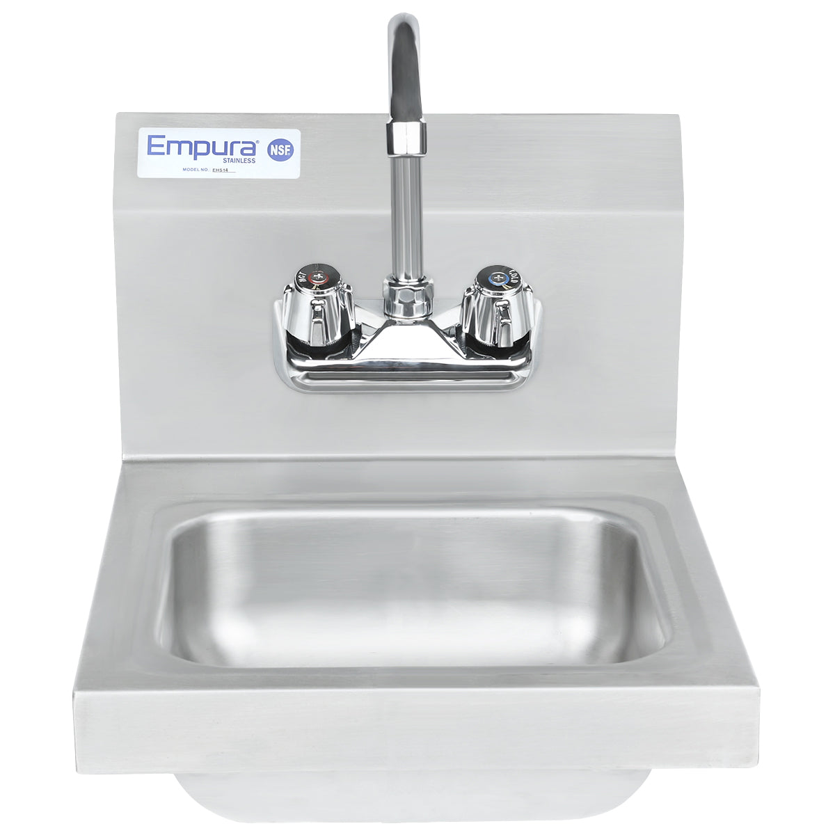 A wall-mounted stainless steel hand sink features a rectangular basin and a tall gooseneck faucet. Two handles for hot and cold water have colored caps. The backsplash displays the Empura brand sticker and NSF certification.
