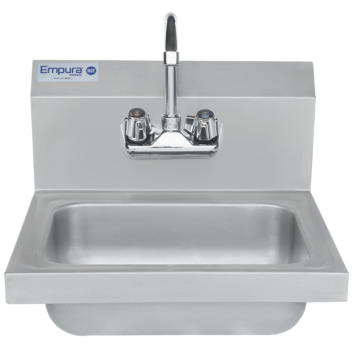 A stainless steel hand sink with a rectangular basin features two faucet handles (one red, one blue) for hot and cold water, a central gooseneck faucet spout, and displays the Empura brand label and NSF certification logo on the backsplash.