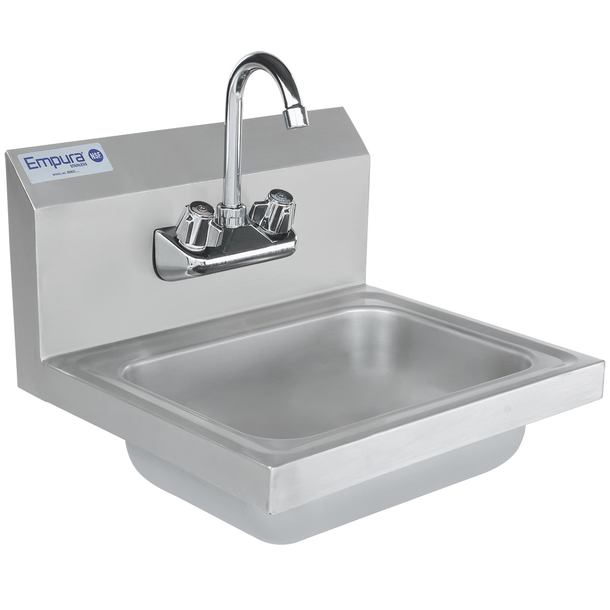 A stainless steel hand sink with a rectangular basin, high backsplash, dual handles, and a gooseneck faucet. The Empura brand label is visible on the backsplash’s top left corner. The overall design is industrial and utilitarian.