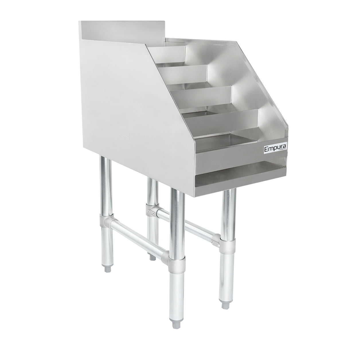 Stainless Steel Liquor Display with four angled shelves, mounted on tall tubular metal legs. The unit is open on top and front, with a raised back and sides. Features an “Empura” label on the lower right front corner; perfect as an NSF Underbar Liquor Display Stand.