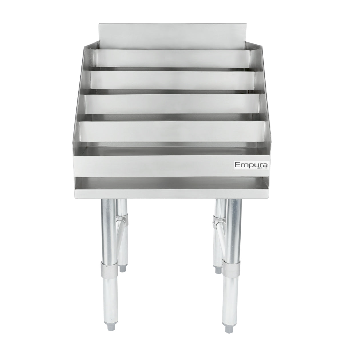 A stainless steel Underbar Liquor Display Stand with five horizontal shelves, supported by four sturdy legs. The shelves have raised edges, the NSF-certified Empura logo on the right front, and a plain white background.