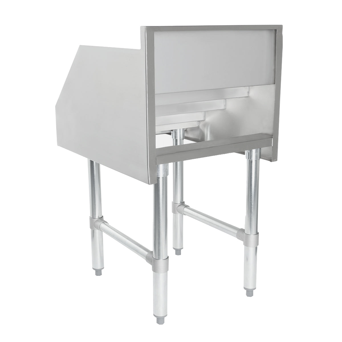 An NSF-certified stainless steel commercial equipment stand with four sturdy legs, horizontal support bars, and a raised back and sides, ideal for supporting kitchen appliances or workstations. The smooth surface offers a sleek, industrial look.