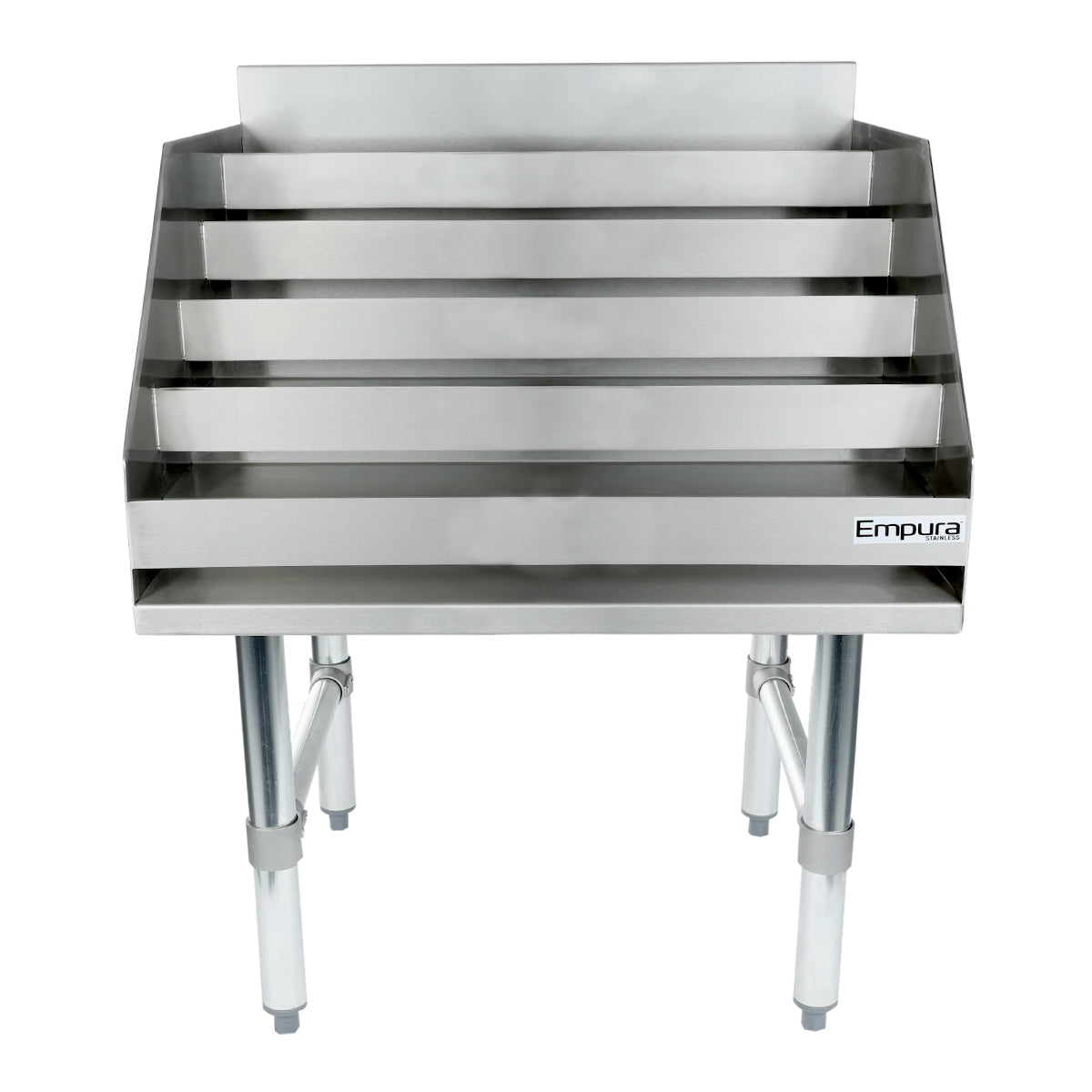 Front view of a stainless steel dish rack with four horizontal shelves, ideal as an NSF-certified Underbar Liquor Display Stand for commercial kitchens. The rack stands on sturdy legs and features raised back and sides for support. Empura label on the right.