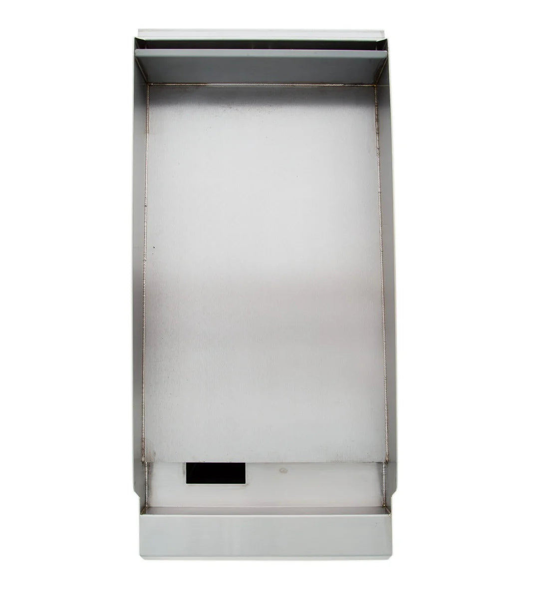 A stainless steel wall-mounted commercial paper towel dispenser with a rectangular front, open viewing area, and slot at the bottom for dispensing towels—perfect for kitchens with heavy duty gas griddles. Smooth, reflective surface; image is straight-on.