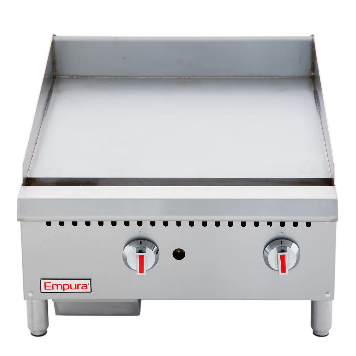 A heavy duty gas griddle by Empura, this commercial stainless steel countertop gas griddle features two control knobs, a clean flat-top surface, and raised back and sides for protection. The brand label sits on the lower left of the front panel.