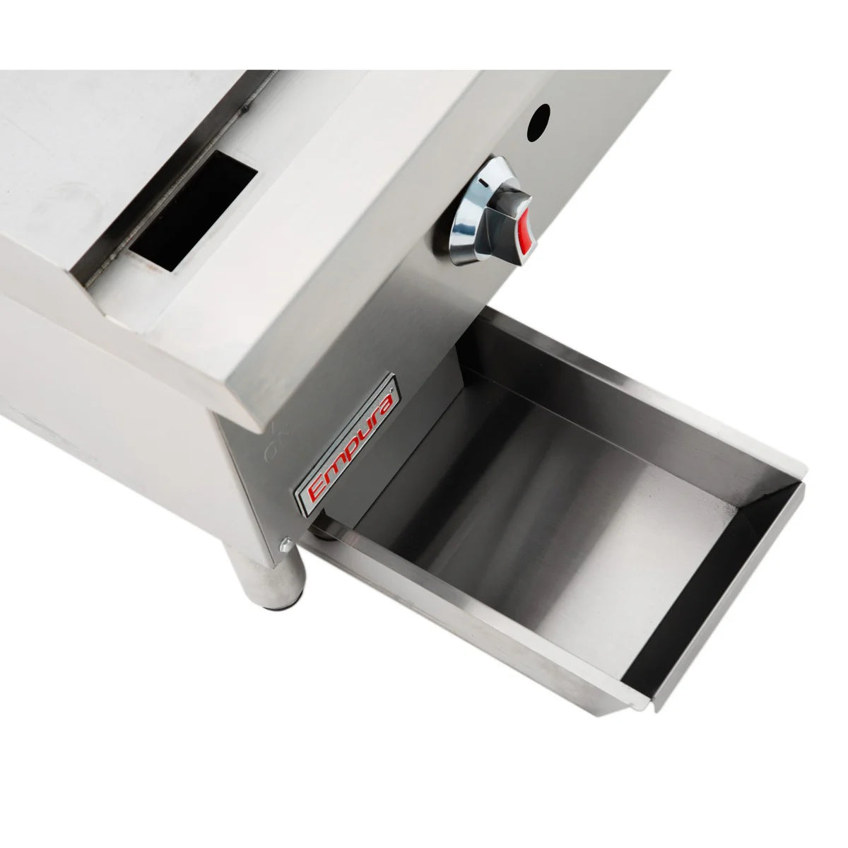 Close-up of a Heavy Duty Gas Griddle featuring a drip tray partially pulled out and a temperature control knob above it. The stainless steel appliance has clean edges, sturdy build, and the Empura brand name displayed on the front.