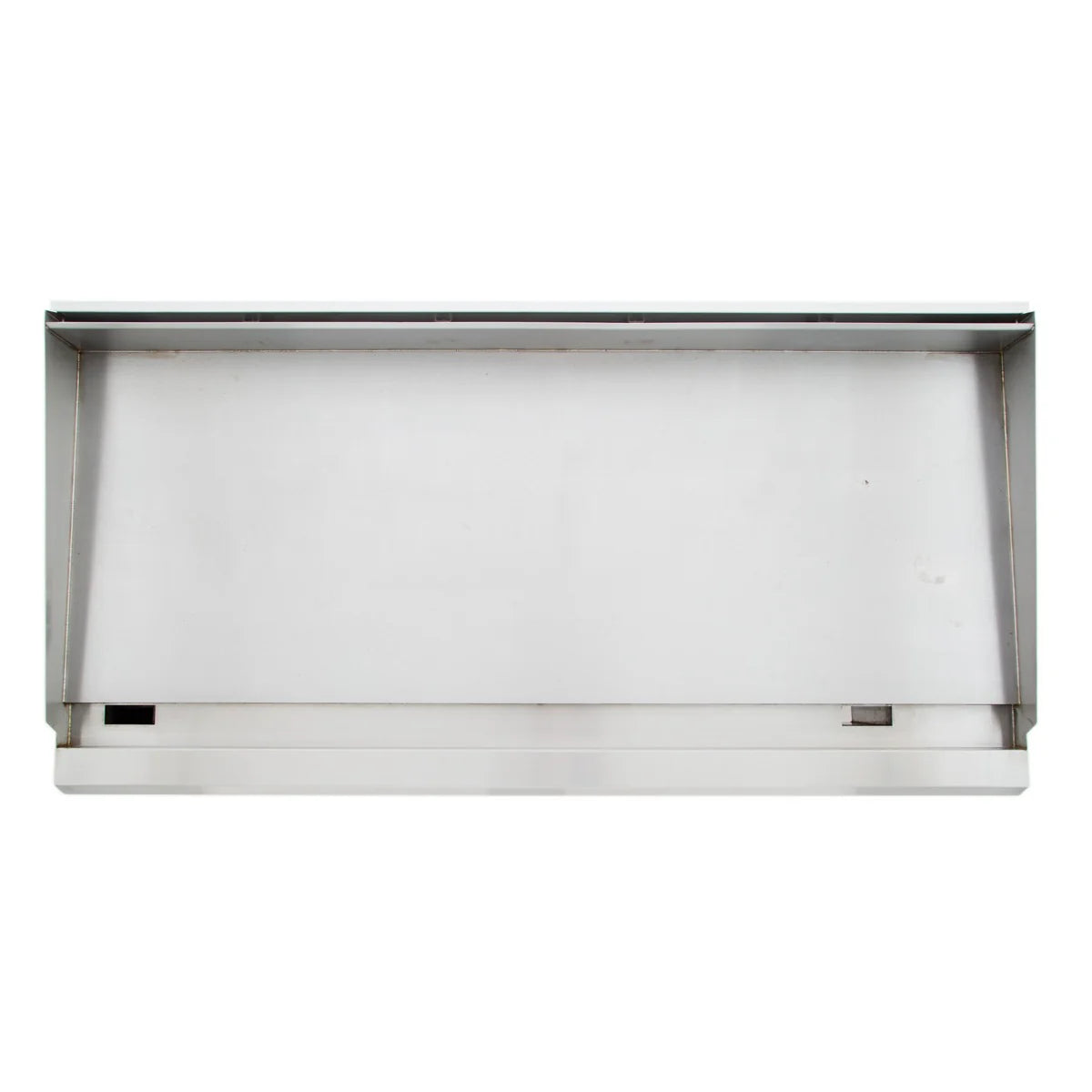 A rectangular stainless steel wall shelf with a raised back and sides, viewed from above. Ideal for organizing a commercial gas griddle setup, the smooth shelf features a slightly raised front edge and two small cutouts. The background is plain white.