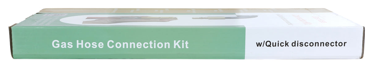 A rectangular cardboard box labeled “Gas Hose Connection Kit w/Quick disconnector.” The mainly green and white box features bold text and a partial image of a 36 mobile gas connector with quick connector fitting on the top edge.