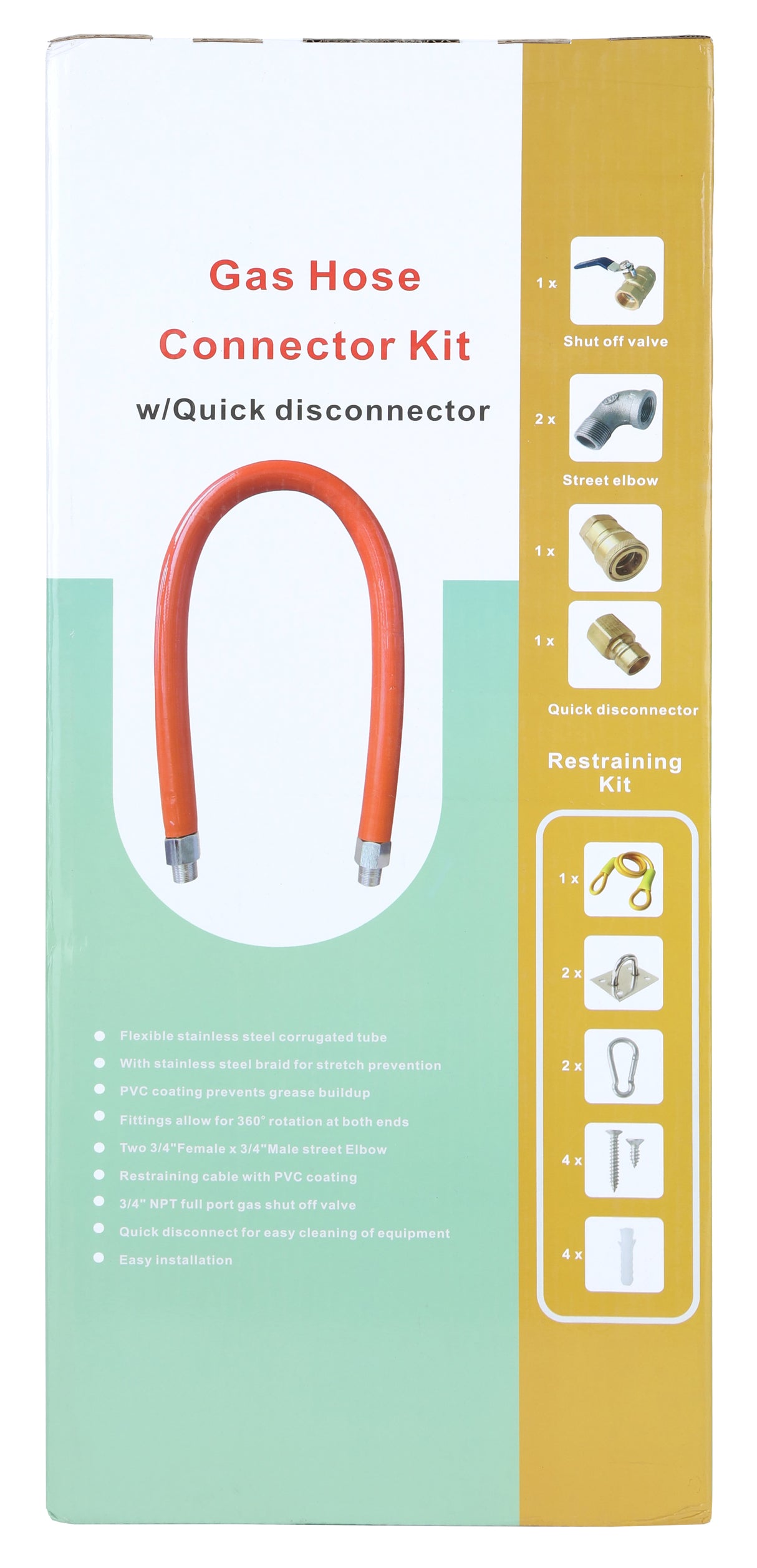 A product box for a 48 Gas Hose Connector Kit with Quick Disconnector. The box shows an orange hose and images of included parts: shut off valve, street elbow, quick disconnector, plus restraining kit. Features and contents are listed on the left side.