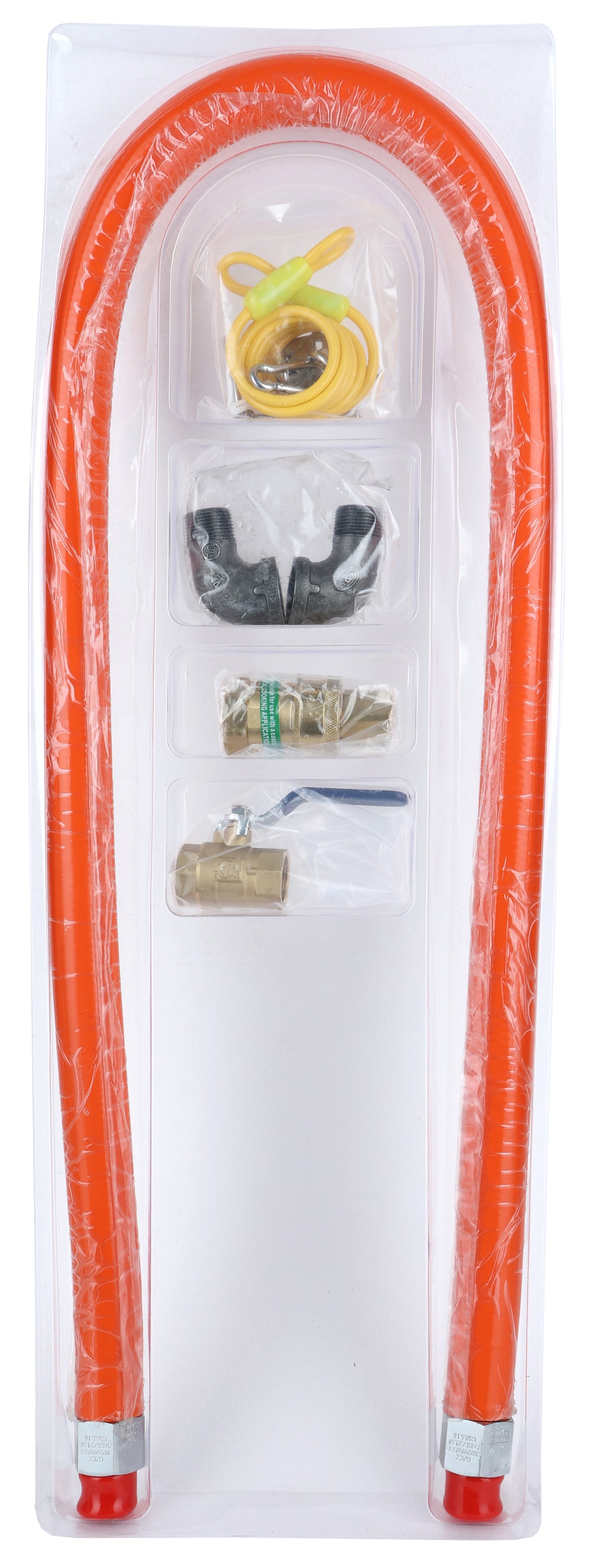 A clear plastic package contains a 60 Gas Connector Hose coiled in a U-shape, yellow Teflon tape, black plastic bracket, brass connectors, and a brass shut-off valve with blue handle, all neatly arranged in individual compartments.