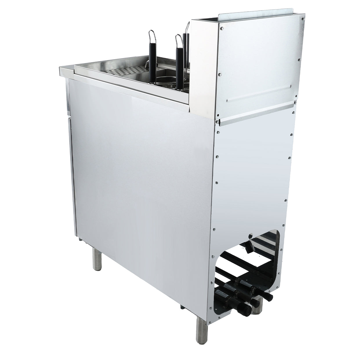 A commercial stainless steel hot dog steamer machine with a vertical, boxy shape. Similar to a pasta cooker, it features top compartments for buns and hot dogs, with the bottom section supported by open slats, pipes, and four sturdy metal legs.