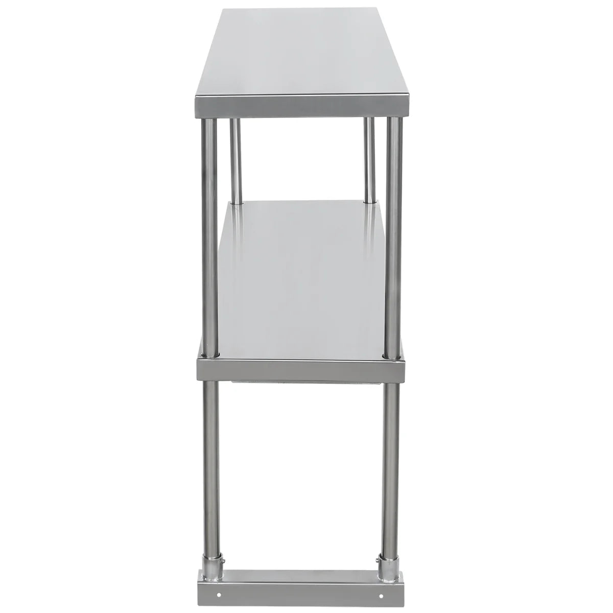 A stainless steel table with a sturdy, industrial design features two flat rectangular shelves and four cylindrical metal legs, viewed from the side—perfect for kitchens or workspaces. An optional overshelf adds extra storage and versatility.