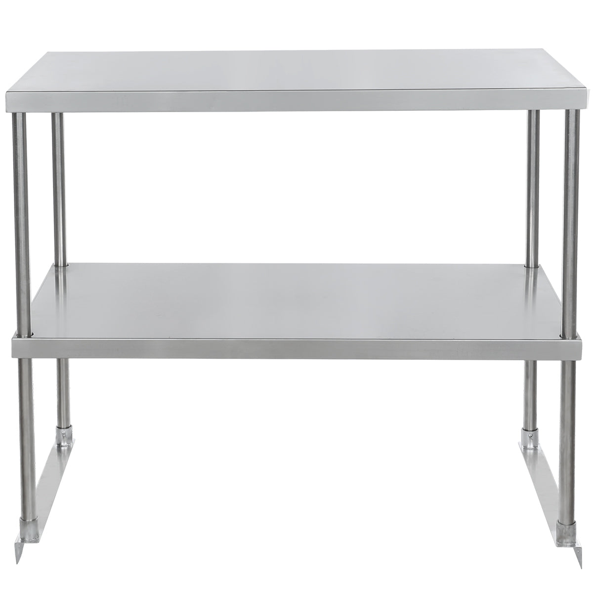 A stainless steel table with four legs, a smooth top surface, an NSF-certified lower shelf for storage, and an industrial design—ideal for kitchens, laboratories, or commercial settings.