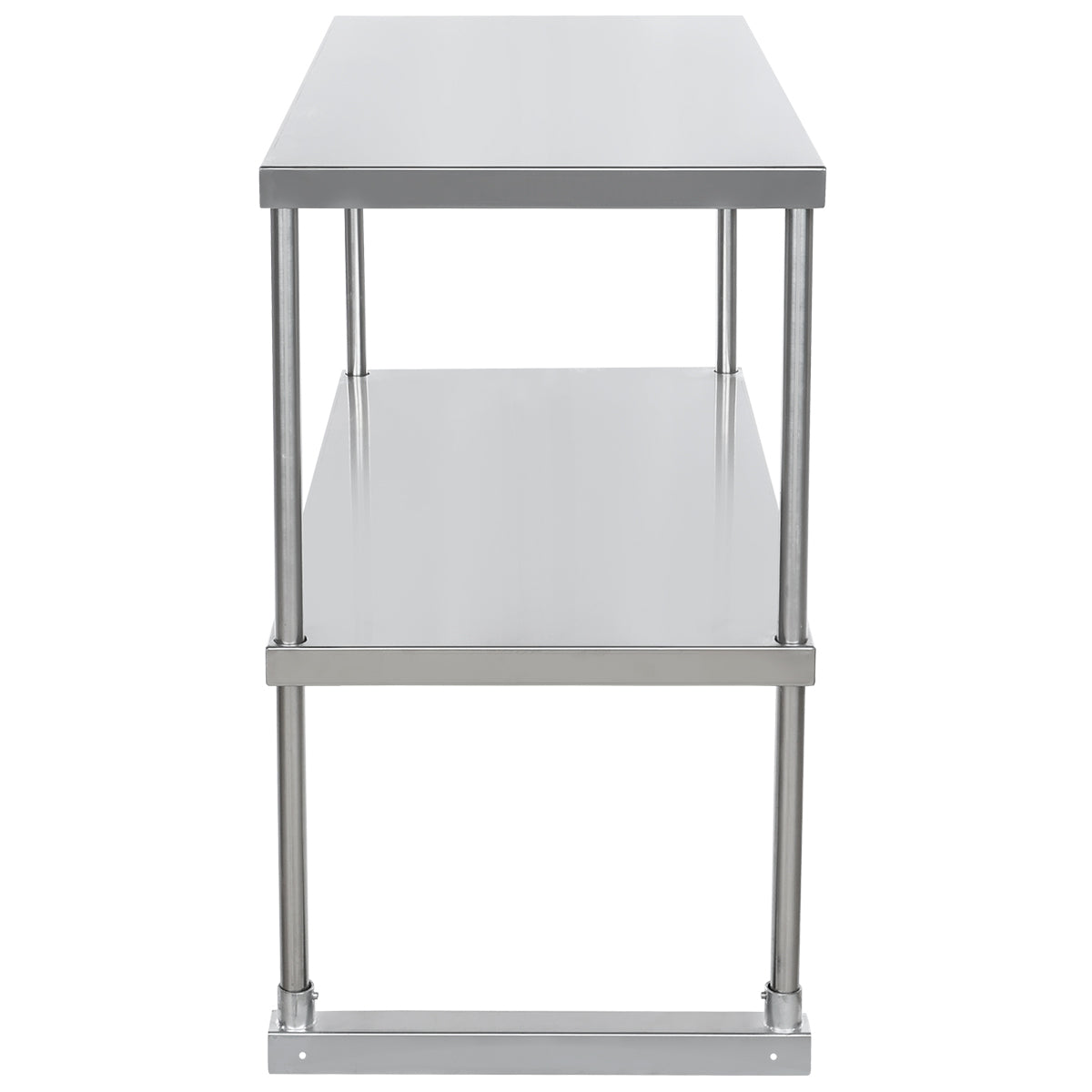 A stainless steel table with NSF certification is viewed from the short end, featuring two flat shelves supported by four cylindrical legs, an open space between the upper and lower shelf, and a simple, industrial design.