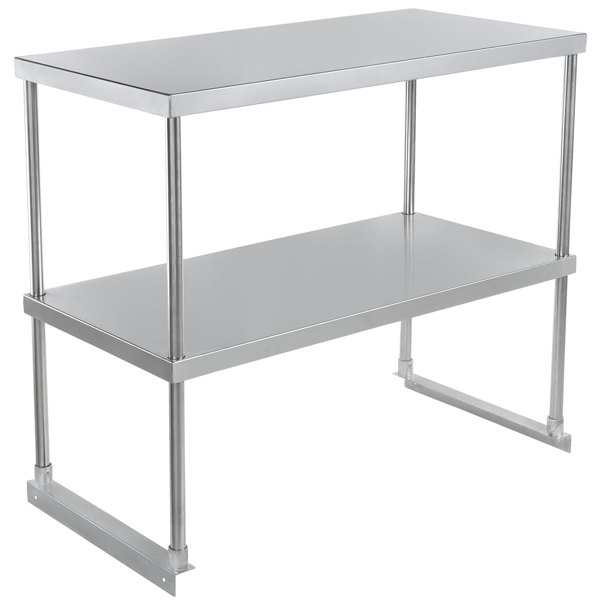 A stainless steel work table with a flat top, four cylindrical legs, a lower shelf for storage, and an NSF certification. Its simple, industrial design features a shiny metallic finish and open sides, ideal for kitchens or workshops.