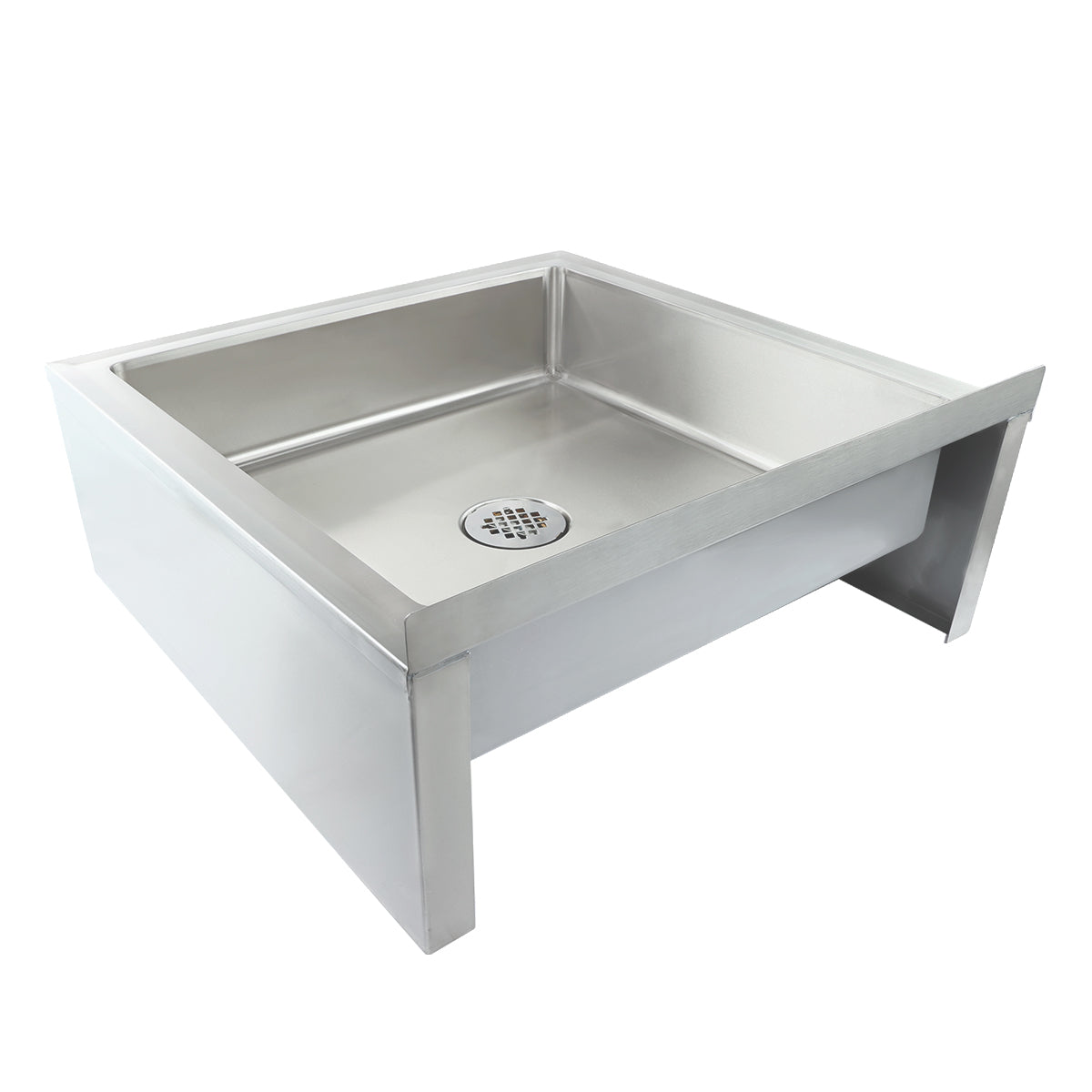 A stainless steel mop sink with high side and back walls, open front, and a central circular drain with perforated cover. This industrial NSF mop sink is ideal for heavy-duty use in commercial or utility settings.
