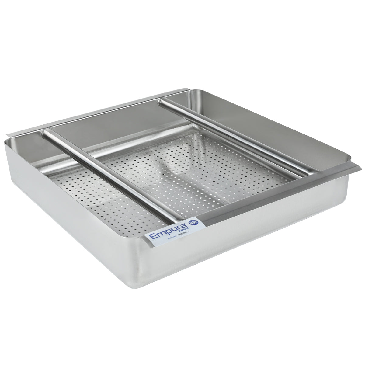 A stainless steel, square Empura Stainless steam pan with two support bars across the top. The deep pan features small drainage holes on the bottom and a blue and white Empura label on the front, shown on a plain white background.