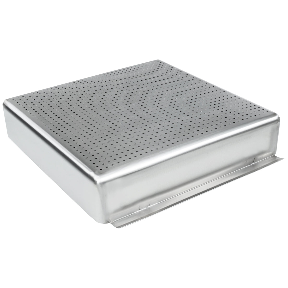 A square, Empura Stainless steel tray with perforated holes across the top surface, slightly elevated sides, and a flat rim on one edge, designed for ventilation or drainage purposes. The shiny surface makes it ideal as a pre-rinse basket.