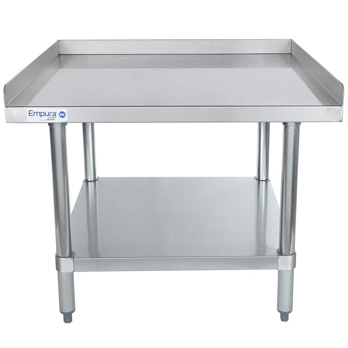 A sturdy NSF stainless steel work table with a raised edge on three sides, Empura logo on the left corner, round metal legs, and a lower shelf for storage. This industrial equipment stand is shown against a plain white background.