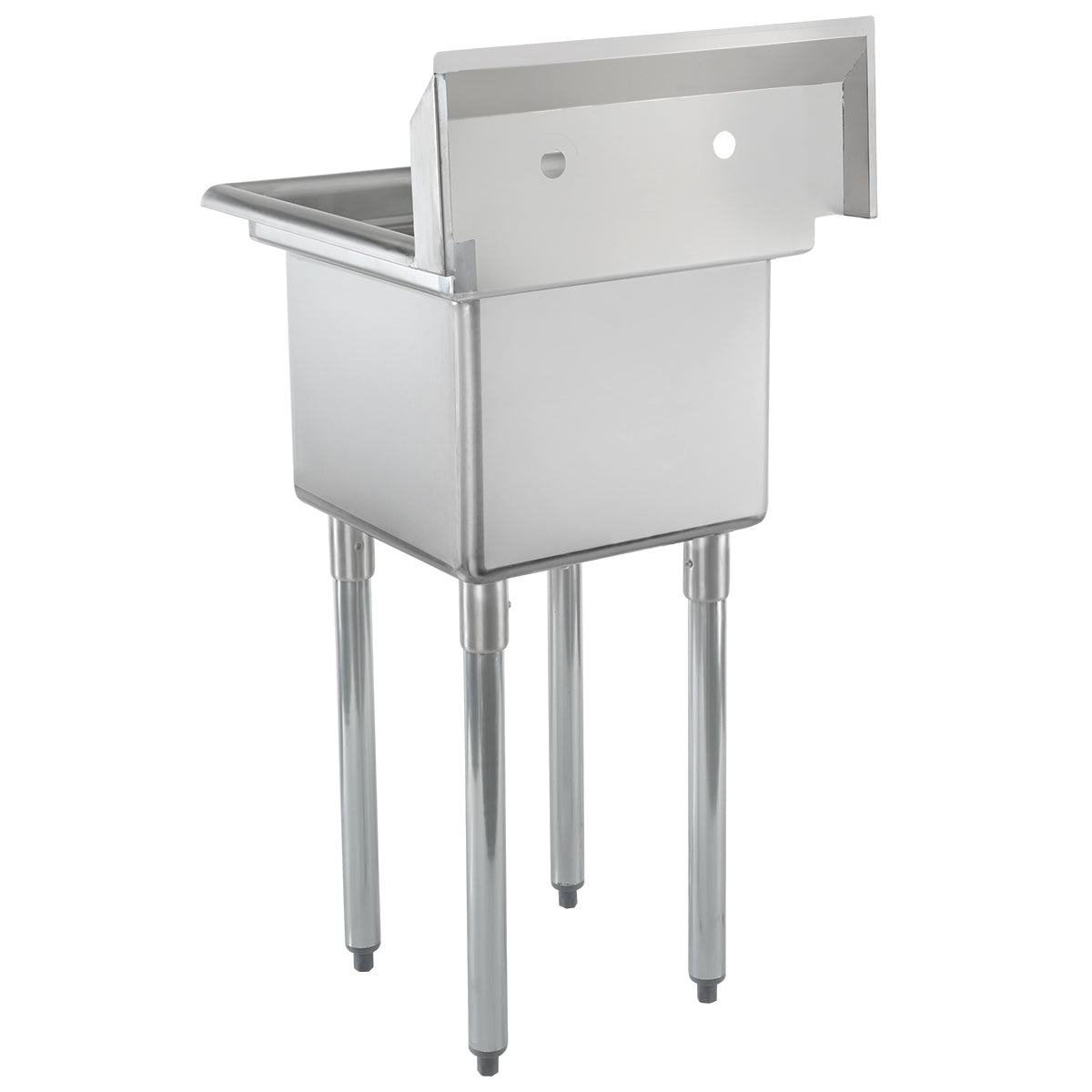 A stainless steel commercial sink with four tall cylindrical legs and a deep rectangular basin. This NSF sink features a high backsplash with two pre-drilled holes for faucet fixtures, delivering a minimalist and industrial design.