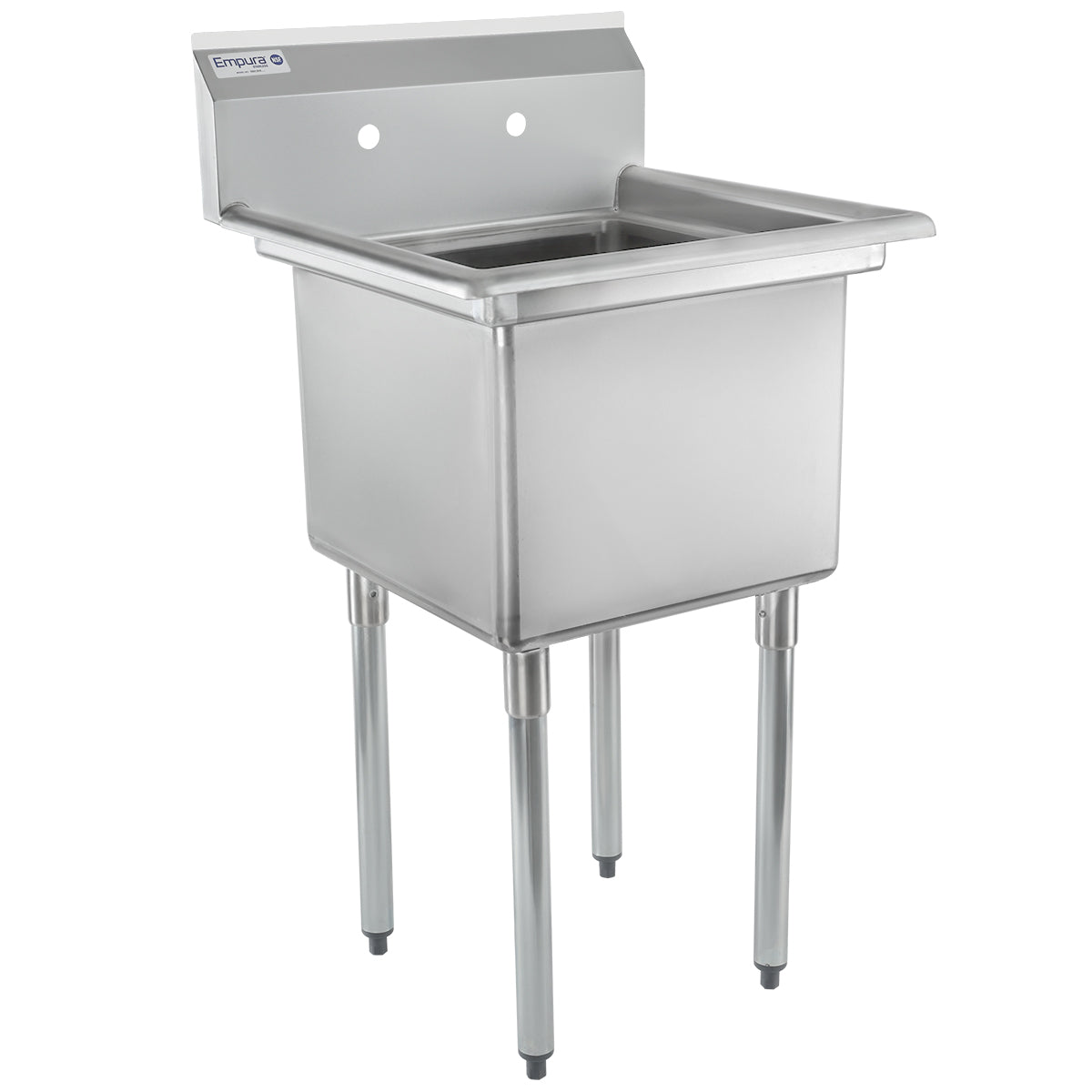 A commercial stainless steel sink with a deep square basin, four cylindrical legs, and a raised backsplash featuring two pre-drilled faucet holes. This NSF sink boasts a minimal, industrial design perfect for kitchen or maintenance use.