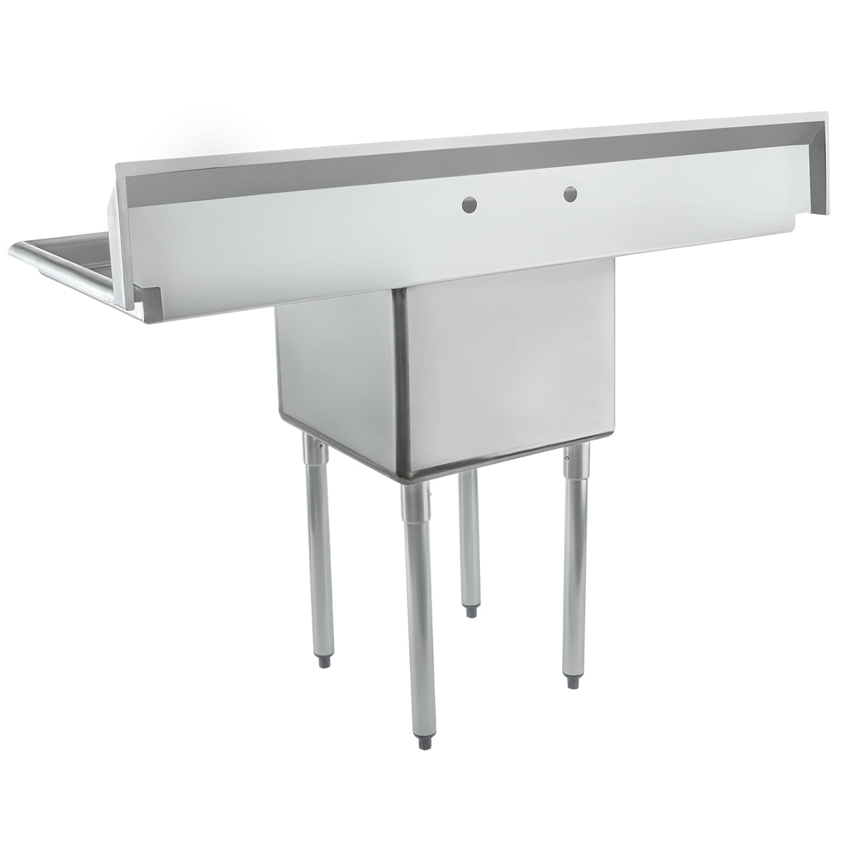 The Empura sink is a stainless steel commercial sink with four legs, an elevated rectangular backsplash, and two faucet holes. Its deep basin and sloped left-side drainboard make it ideal for washing or food prep in restaurant kitchens.