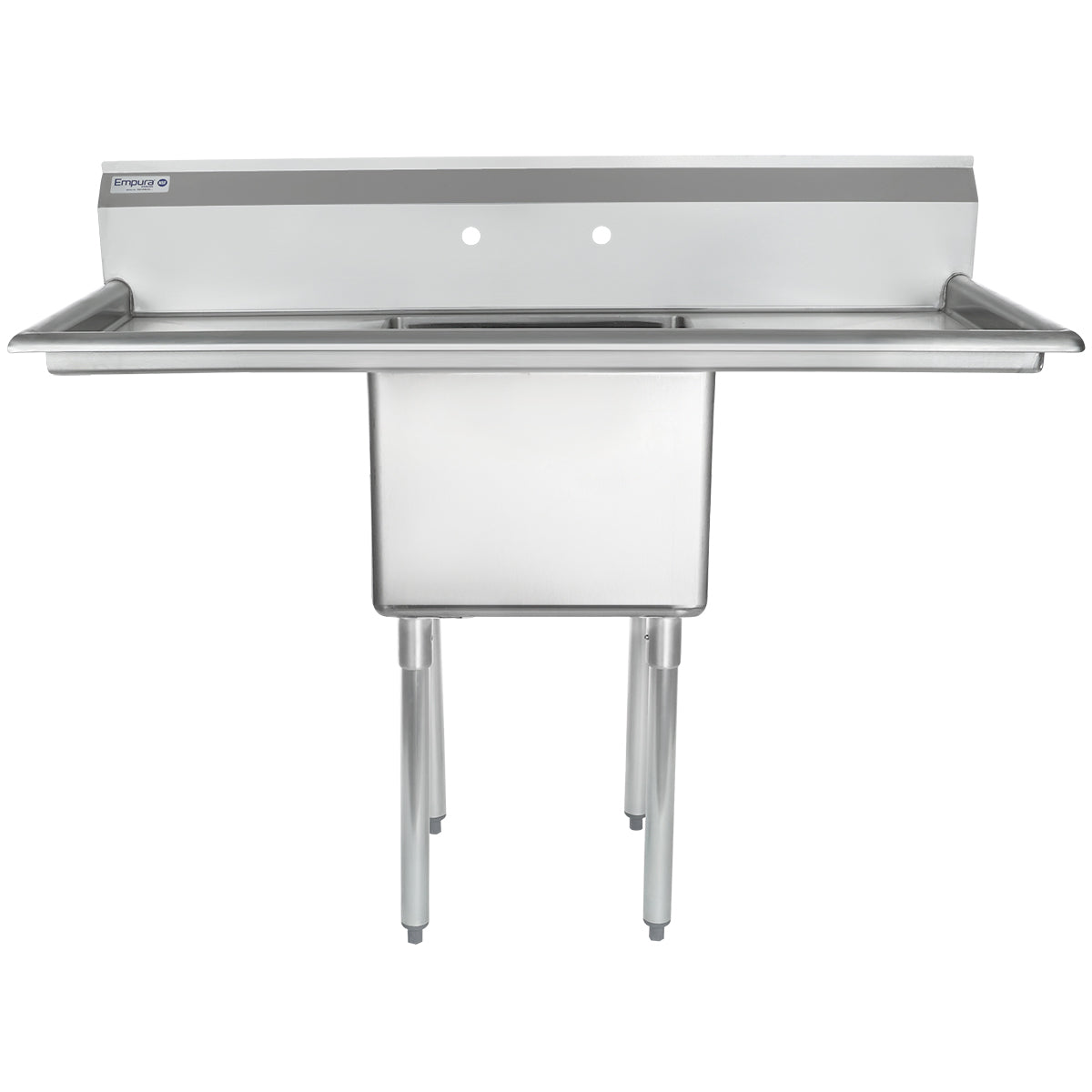 A stainless steel Empura sink with four legs, a deep single basin, integrated backsplash, and two faucet holes. The minimalist, industrial design makes this commercial sink ideal for kitchens or workspaces.