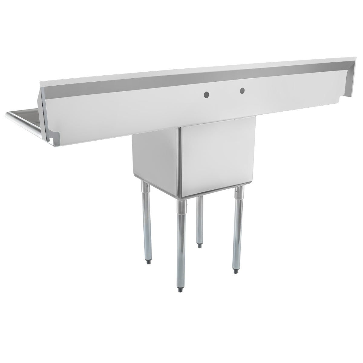 This sturdy NSF sink features a deep rectangular basin, four tubular legs, and a long, narrow backsplash with two faucet holes. Designed for heavy-duty use, it’s ideal as a commercial sink in busy restaurant kitchens.