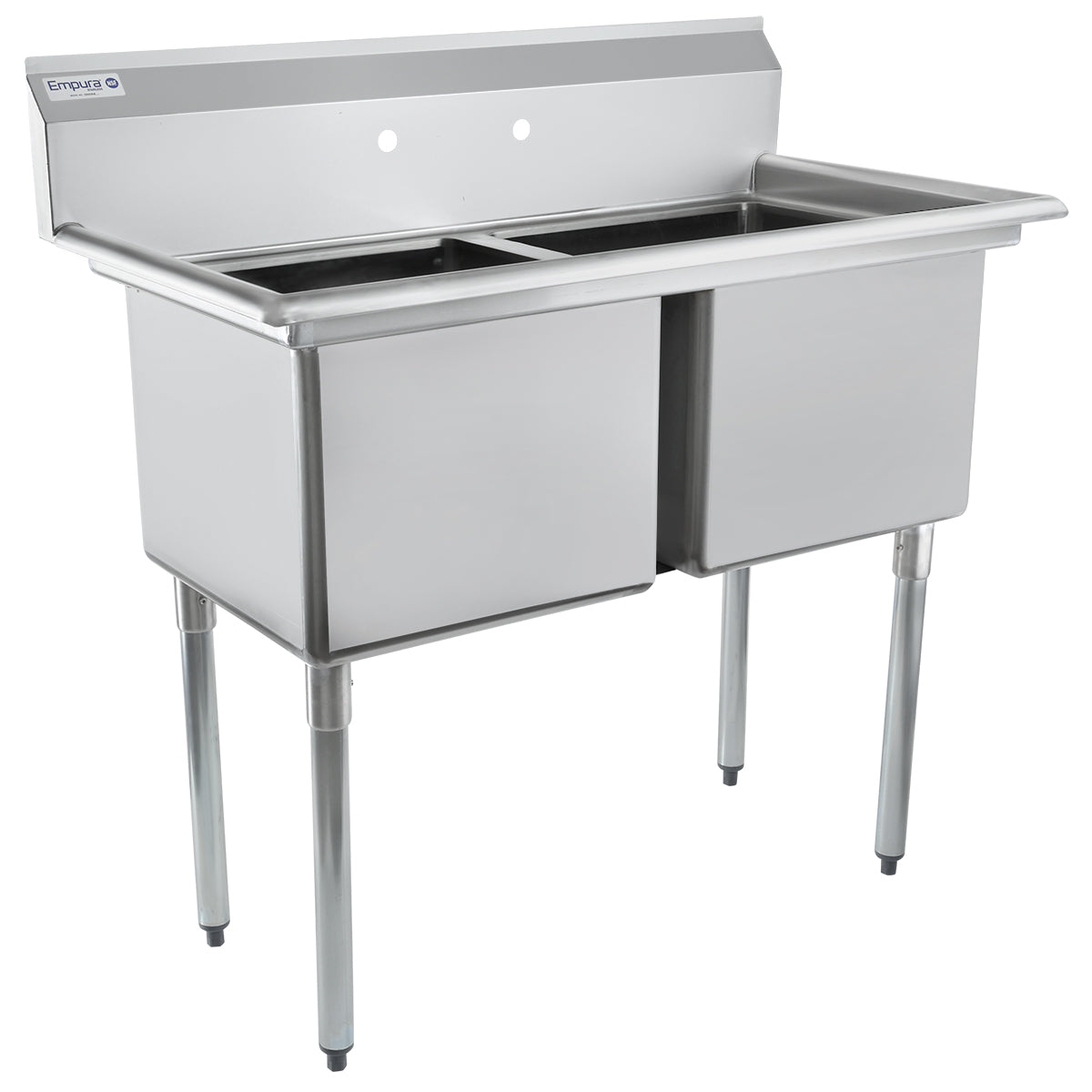 A stainless steel 2 compartment sink with deep rectangular basins, a high backsplash with two faucet holes, and sturdy tubular legs. This NSF sink is clean and empty, perfect for food service or industrial use.
