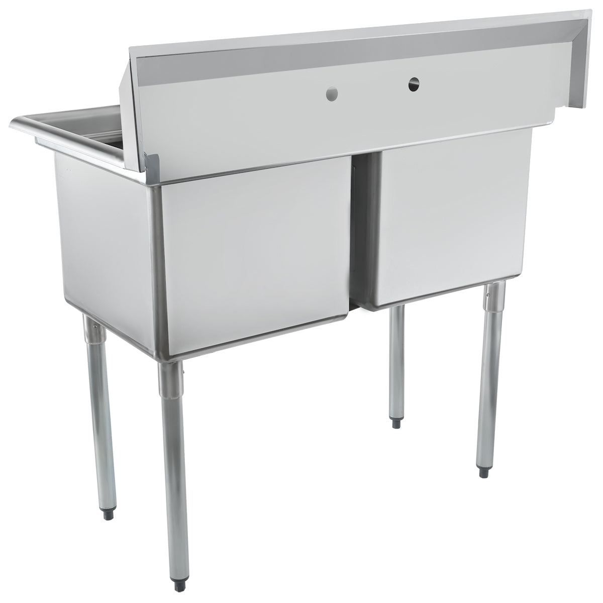 A stainless steel NSF sink, this two-compartment commercial unit features a high backsplash and sturdy legs. With an angular design and two faucet holes, it’s ideal for any industrial or restaurant kitchen.