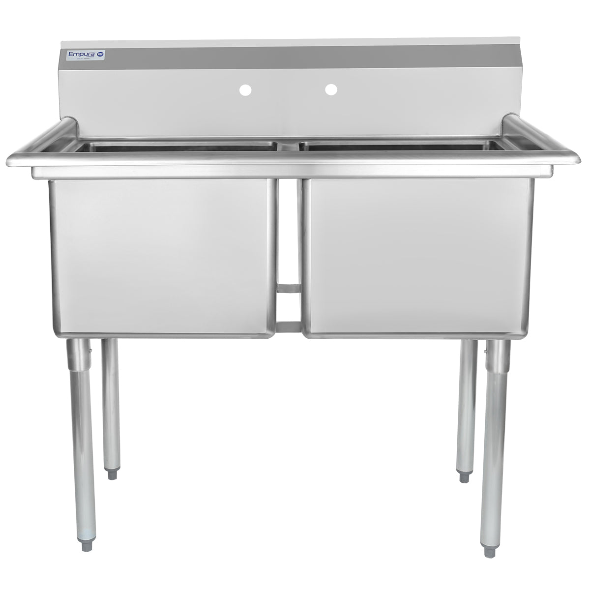 A stainless steel sink with two deep rectangular basins, backsplash with faucet holes, and sturdy legs. This NSF 2 compartment sink is simple, functional, and built for heavy-duty commercial kitchen use, with an open area beneath the basins.