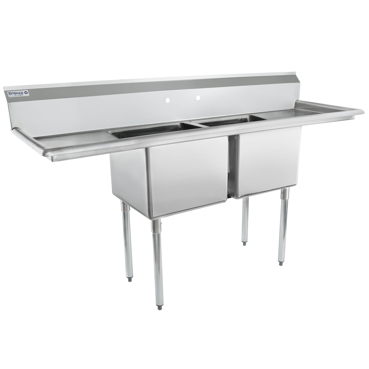 A commercial NSF stainless steel sink with two deep square basins, a high backsplash, and four sturdy legs. This two compartment sink features flat side drainboards on both ends, perfect for kitchen or industrial use.