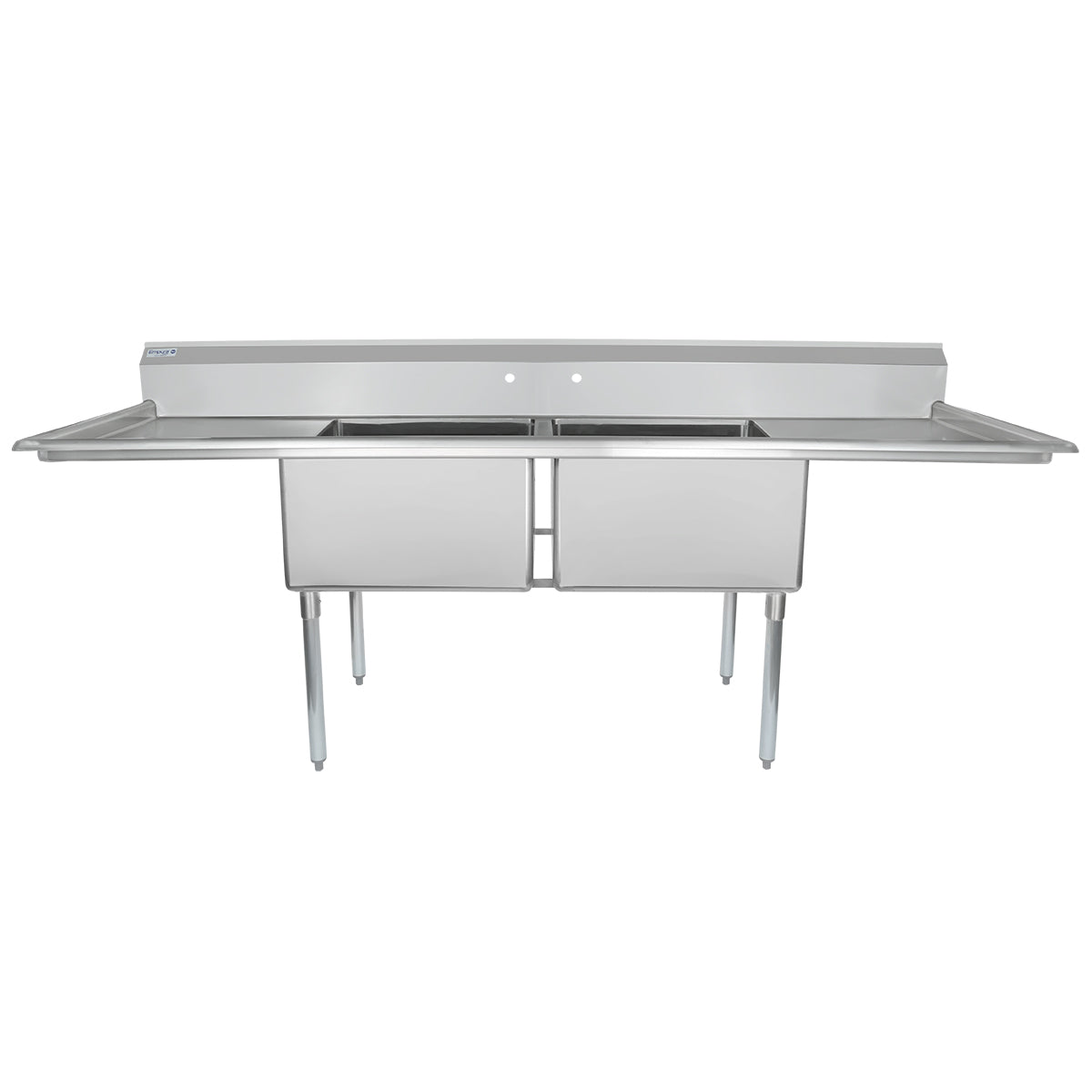Stainless steel commercial kitchen sink with two deep basins, sturdy legs, raised backsplash, and flat drainboards on both sides. This 2 compartment sink offers an industrial, functional design ideal for busy kitchens or food prep areas.