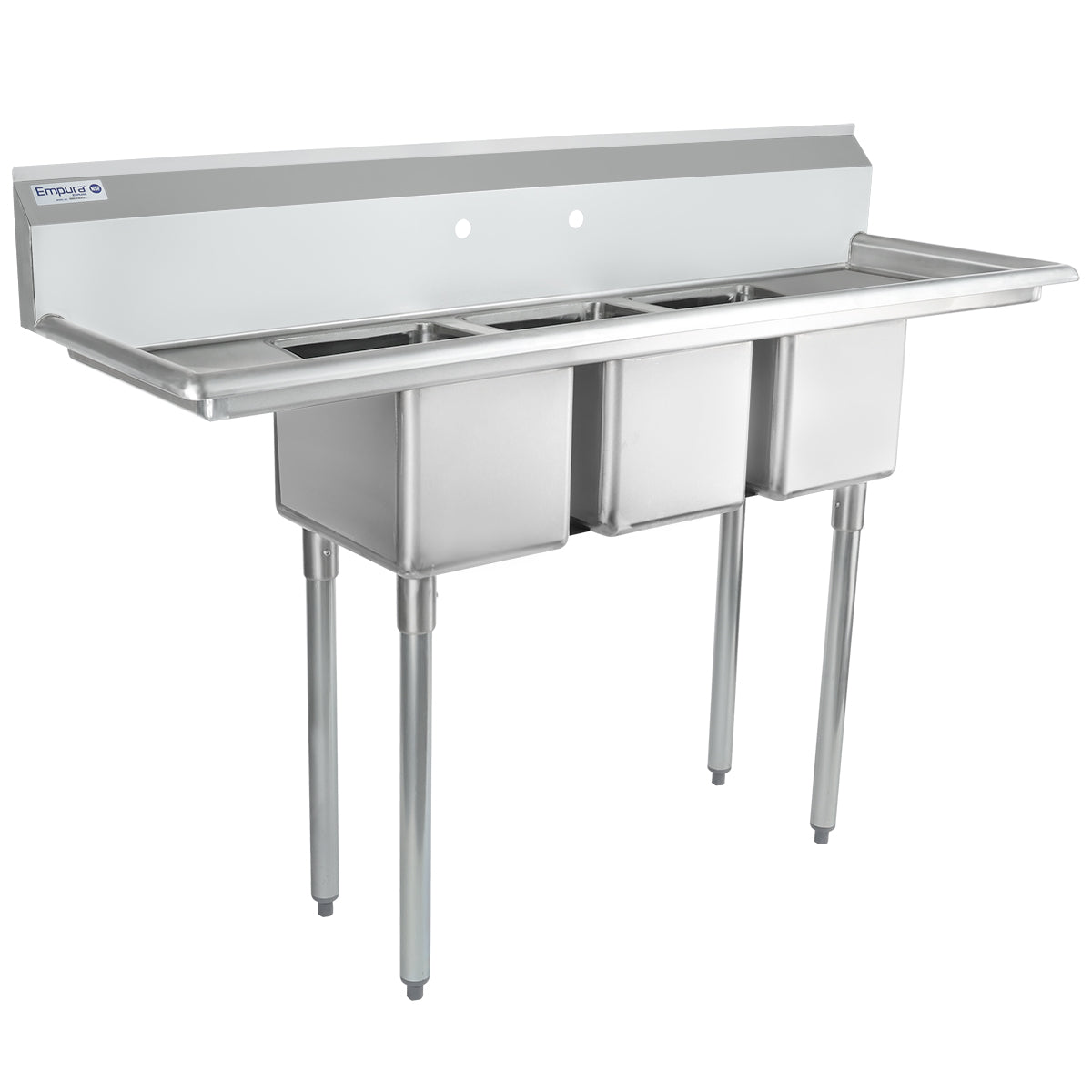 A commercial kitchen 3 compartment sink with high backsplash, standing on four metal legs. Each deep, rectangular stainless steel sink basin is ideal for washing dishes in an industrial or restaurant setting, with two faucet holes on the backsplash.