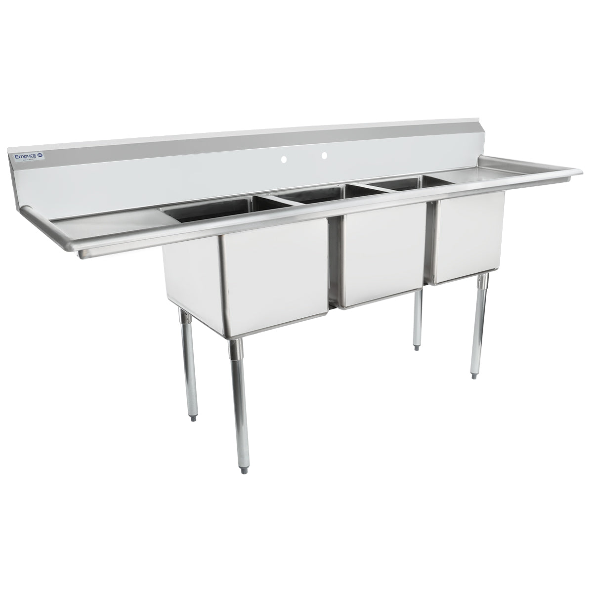 A stainless steel commercial kitchen sink with three deep square basins, a high backsplash, and four sturdy legs. This 3 compartment sink features extended drainboards on both sides for dish drying or workspace, ideal for heavy-duty kitchen use.