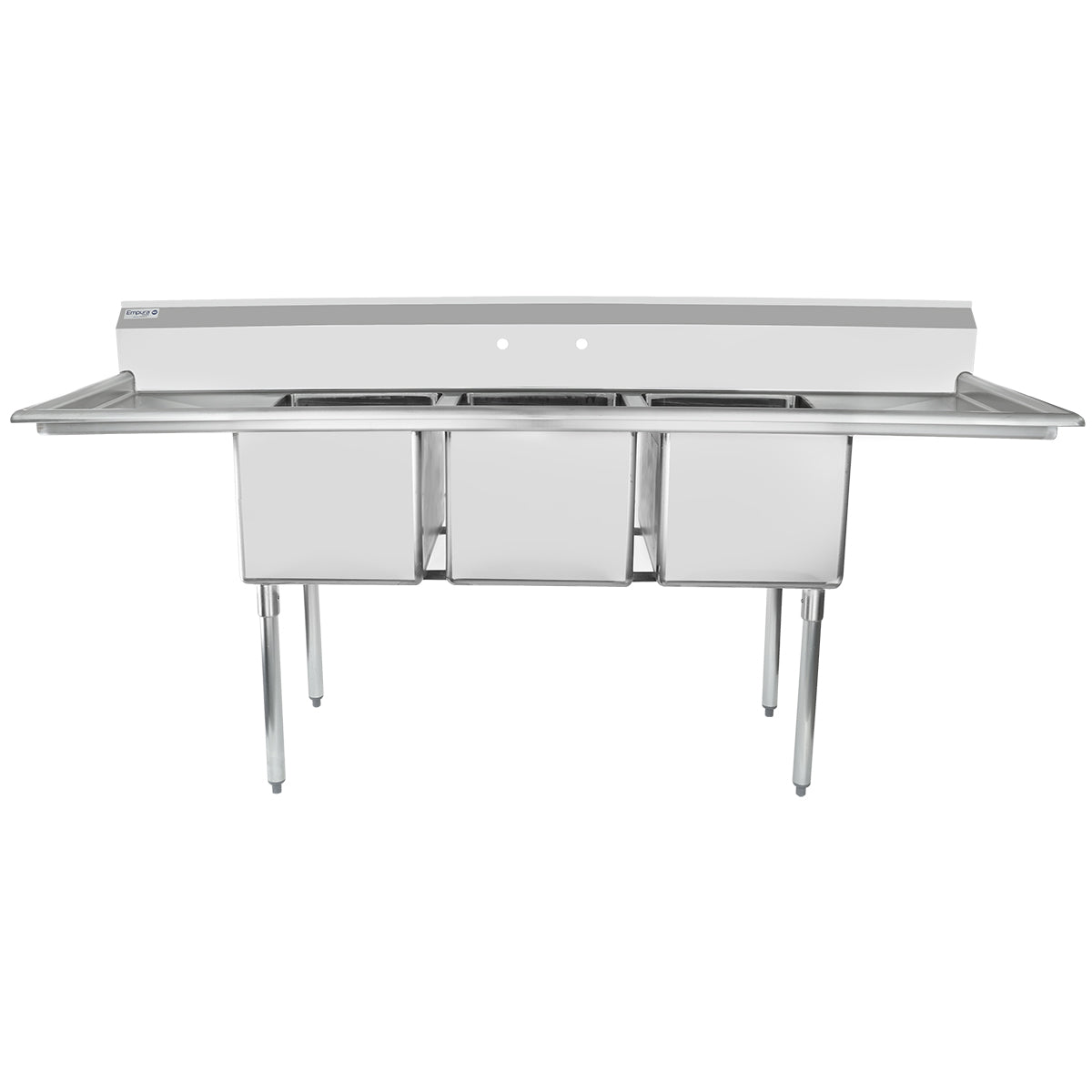 A stainless steel 3 compartment sink with a high backsplash, two side drainboards, and four sturdy legs. This commercial kitchen sink is designed for heavy-duty use, making it ideal for restaurants or food service settings.